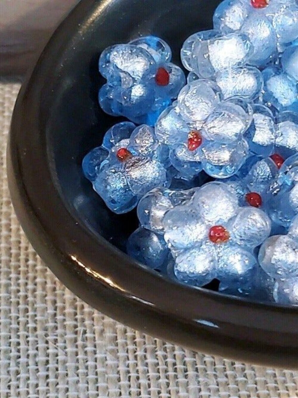 Vintage Icy Blue Handcrafted India Glass Flower Beads with Silver Foil 5 pcs - Picture 2 of 11